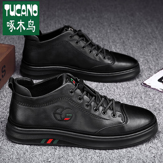 Woodpecker Offizielle Freizeitlederschuhe echte Leder-Leder-Herrenbrettschuhe Herrenschuhe Herbst und Winter 2025 Neue vielseitige Küchenchef Arbeit Verteidigung Schwarz-N695 Marke High-End-Flaggschiff 40