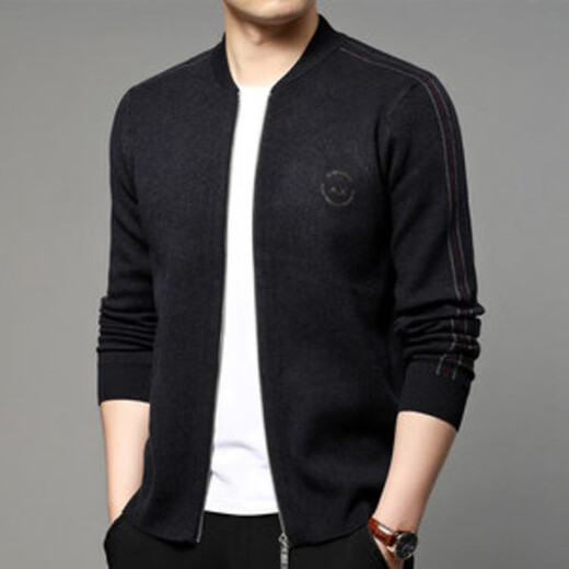 Knitted Cardigan Men's Zipper Baseball Collar 2025 Spring and Autumn Casual Solid Color Wool Jacket Trendy Sweater for Middle-aged and Young People Black Style M (Recommended 90-120 Jin Jin equals 0.5 kg)