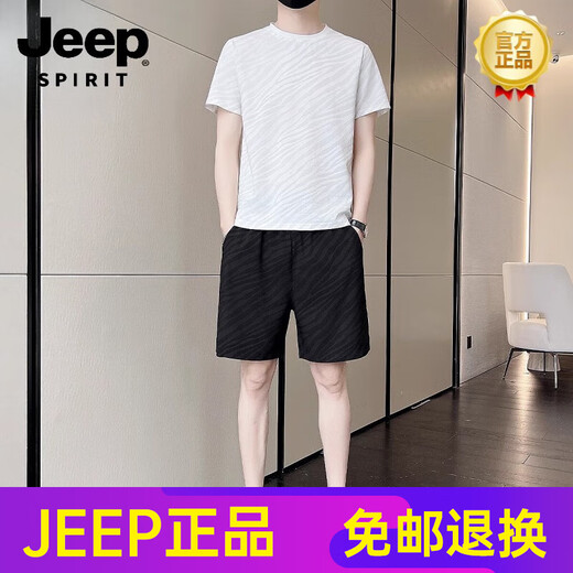 
JEEP SPIRIT Casual Sports Set Men's 2025 Summer Trendy Ice Silk Short Sleeve Shorts Paired Set 718 Black 2XL [141-160]