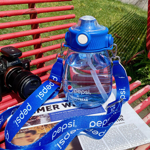 BEDDYBEAR Big Belly Cup Children's Summer Large Capacity Cool Kettle Male and Female Student Plastic Water Cup Portable Double Drinking Straw Cup Dudu Bucket-Pepsi Sunny Blue 1200ml