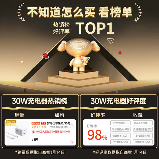 罗马仕苹果充电器30W氮化镓iPhone16/15ProMax快充套装兼容PD20W适用ipad平板Type-C数据线手机快充头