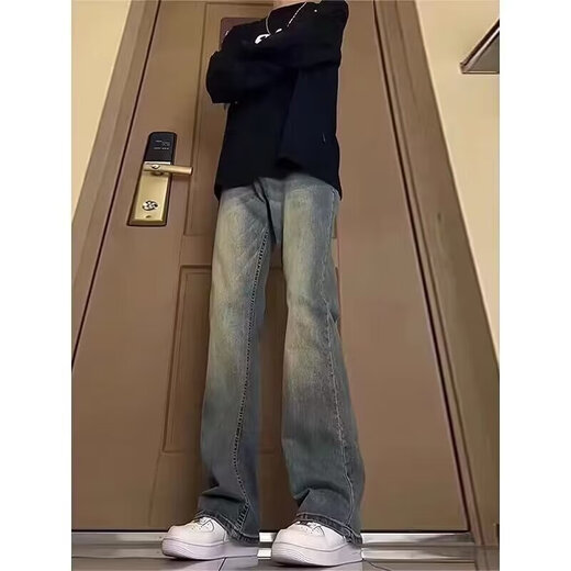 Digada American trendy winter retro distressed bootcut jeans for men with velvet and drapey floor-length men's trousers warm trousers YGFS-D824 yellow mud color regular M recommended 80-100Jin Jin equals 0.5 kg