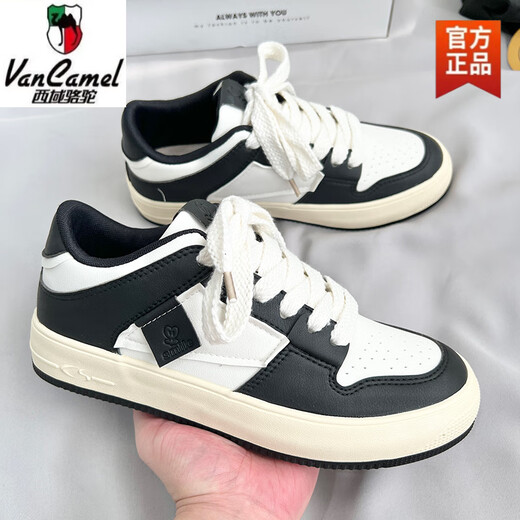 Western Region Camel Men's Shoes 2025 Spring Black and White Shoes Men's Panda Skateboard Shoes Breathable Casual Sports Small White Shoes Men's Trendy Shoes White and Black [9909] Low Top - Camel Official Product 39 Standard Sports Shoes Size