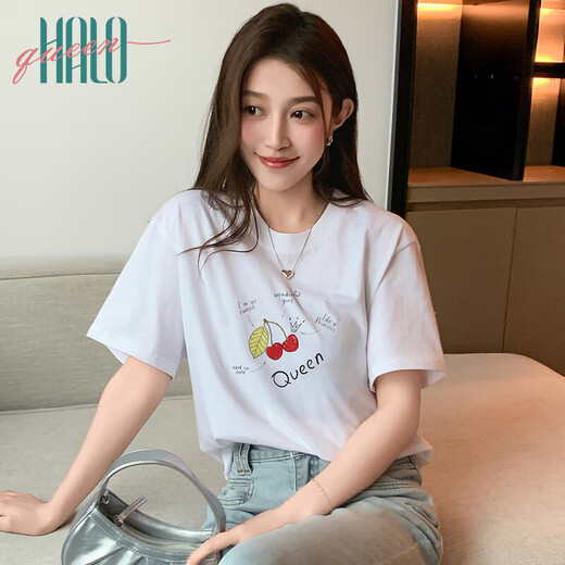 Halo Queen短袖T恤女夏季薄款休闲宽松圆领上衣樱桃涂鸦印花T恤H143T1591