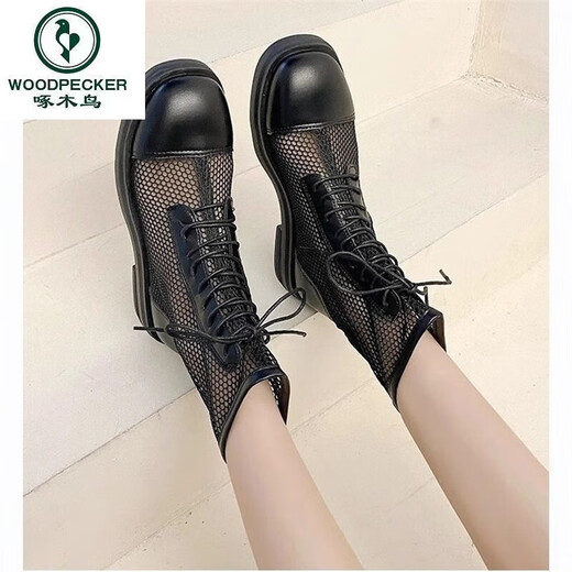 Woodpecker Martin boots summer thin women's 2025 new genuine leather breathable internet celebrity hollow mesh boots thick-soled sponge cake summer boots black 38