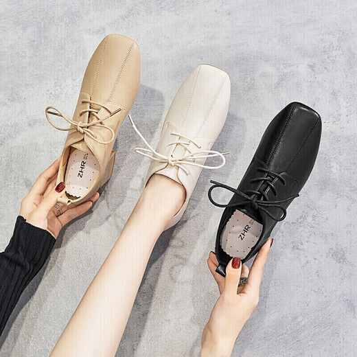 Zhr Chaussures célibataires pour femmes British Style MODERNE Square Toe High Heels Polydoule Mid-Heel épais talons hauts Chaussures en cuir profonde à lacets pour femmes Y557 Black 38