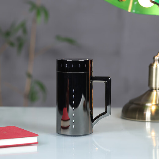 檀轩阁紫砂茶杯保温杯男士款高档紫砂杯送父亲老师礼品水杯定制LOGO刻字 钛金色手把杯（皮盒装）420ml