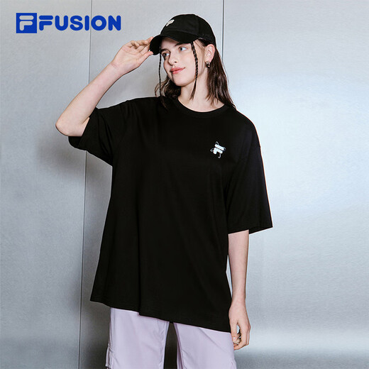 FILA FUSION斐乐潮牌情侣款针织短袖衫2025春新款凉感宽松纯棉T恤 正黑色-BK L