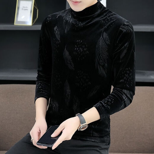 
NUKM gold velvet men's long-sleeved T-shirt in autumn and winter half-high neck base shirt trendy and handsome trendy warmth plus velvet thickened trend 691 swallow black plus velvet M 90-105 Jin [Jin equals 0.5 kg]