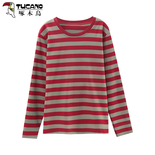 Holzspecker (Tucano) modisches gestreiftes Langarm-T-Shirt für Frauen Lose Basishemd Frühling und Herbst Dünne Mutter mittlerer Alters modischer Schultertop 836# Langarm [Rot und Grau] XL empfohlen 110-125jin [Jin gleich 0,5 kg]