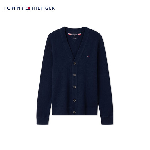 TOMMY HILFIGER【纯羊毛】秋冬男纽扣V领慵懒风宽松针织羊毛开衫外套36553 藏青色DW5 S （推荐：120-135斤）