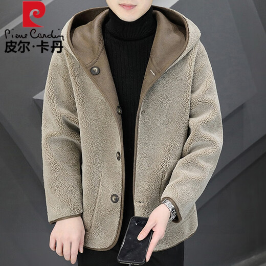 Pierre cardin hooded fur pellet lamb velvet composite fur one-piece coat for men thickened two sides wearing imitation sheep velvet leather jacket camel color (wrapped on both sides) 3XL 150-170Jin [Jin equals 0.5 kg]