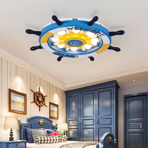 Shantou Lincun Plafonnier pour chambre d'enfant dans la chambre d'un bateau de pirate, lampe de gouvernail de style méditerranéen, lampe de chambre à coucher de dessin animé de célébrité sur Internet, bleu et blanc, ensemble complet de gradation en continu + télécommande