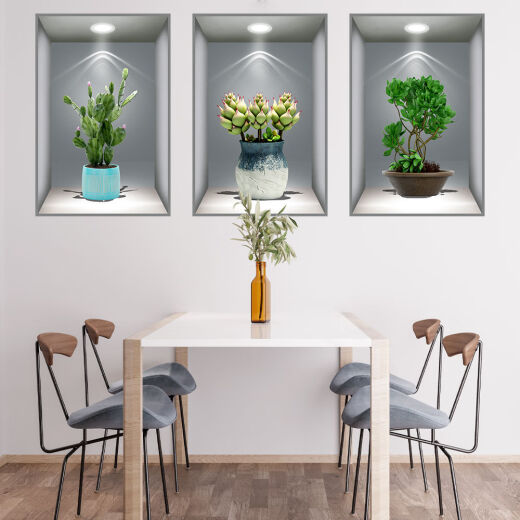 Liuhui triple three-dimensional high-definition stickers of plants and flowers 3D effect potted plants aisle staircase decoration painting hotel restaurant wall white frame 3D palmetto three pieces set extra small size: width 30*height 45cm
