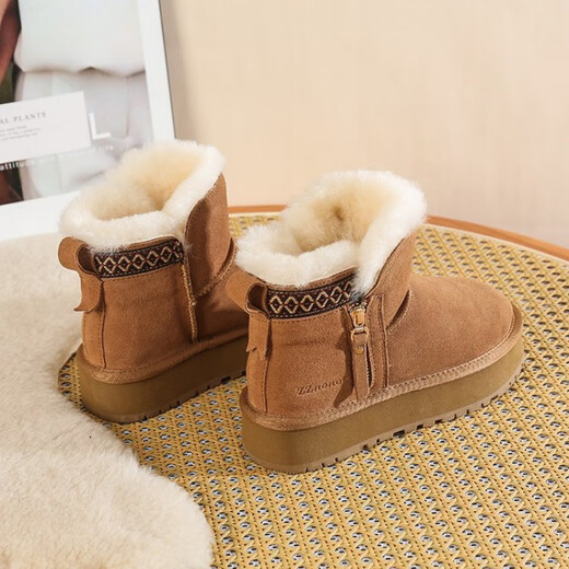 Belle's wool snow boots women's fur integrated 2024 new thick-soled side zipper short boots plus velvet thickened anti-slip cotton shoes gray 37