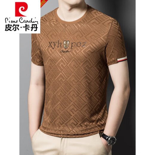 Pier Cardin 2025 Summer nuevo camiseta de seda de mulberry jacquard para hombres cuello redondo de manga corto
