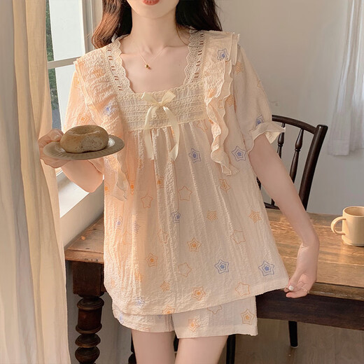 
Catman princess style summer cute pure cotton short-sleeved pajamas girl sweet loose home clothes 3524-Little Bear Blue M