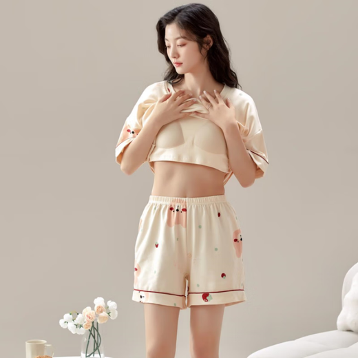 浪莎（langsha）带胸垫睡衣女款夏季少女士纯棉短袖短裤大码家居服套装2025新款 【自带胸垫短袖套装】GXT1047 M (建议70-95斤)