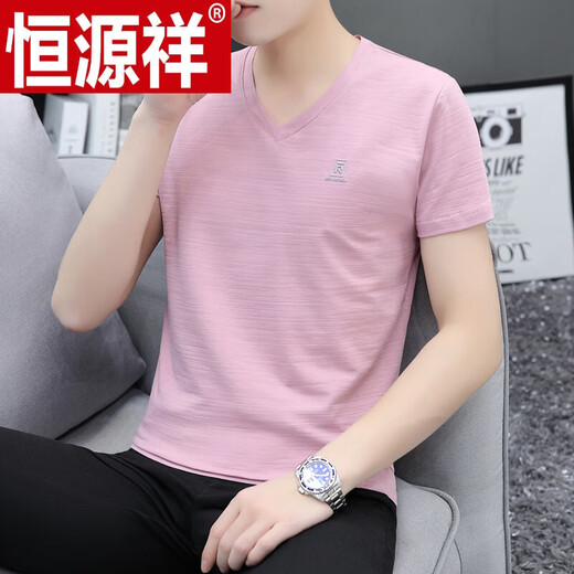 恒源祥夏季短袖Tt恤男V领修身V领潮100%纯棉冰丝R标志半袖 透气I白色691款 M 90-115斤