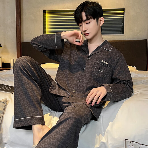 
Modal 2025 new men's pajamas cotton long sleeve spring and autumn thin spring and autumn youth cardigan home clothing set (BBA) men's G693 L (recommended height is about 170, weight is 100~130 Jin [Jin equals 0.5 kg])