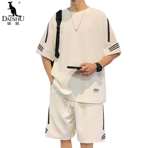 Kangourou (Daishu) Casual Sports Costume Men's Men's Men's Summer Thin Loose Ice Silk T-shirt à manches courtes Mentes masculins associés à un bel ensemble de deux pièces T 10727-FKS653 SUIS blanc xl environ 130-150jin [Jin est égal à 0,5 kg] peut être usé