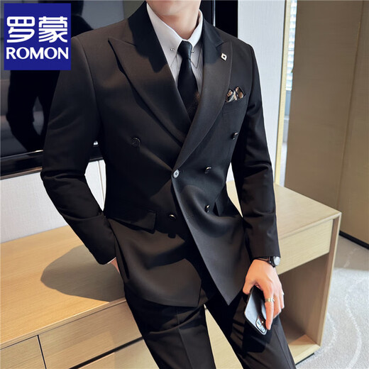 ROMON high-end double-breasted suit suit male groom wedding dress formal fit Korean solid color suit three-piece suit black single-piece suit XL/52
