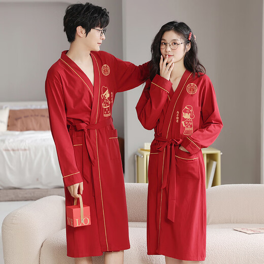 Langsha (Langsha) Rote Hochzeit Paar Nachthemd ein Mann und eine Frau reines Baumwollfestes Hochzeits Pyjama Bademantel Hauskleidung High-End-Geschenkbox 9928 [Geschenkbox] weiblich L+ männlich L.