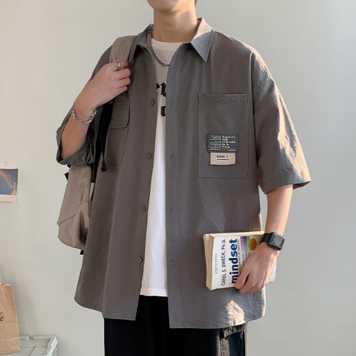 
Baiqueting short-sleeved shirt men's summer new ice silk shirt jacket men's trendy brand loose casual work jacket top 854 light gray 3XL