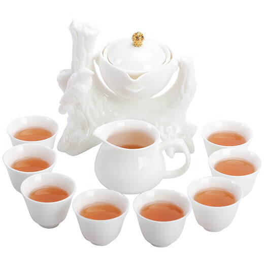SUSHI CERAMICS Mutton Fat Jade Tea Set Chinese White Kung Fu Automatic Tea Set Jade Flower and Bird Internet Celebrity Model