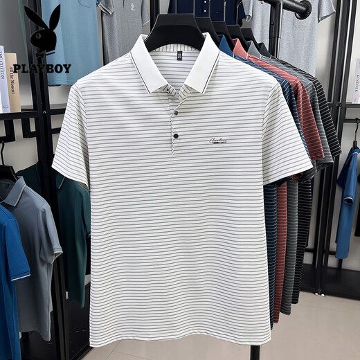 
Playboy (PLAYBOY) ice silk striped t-shirt men's short-sleeved summer thin lapel dad loose casual large-size polo shirt white 9922 M