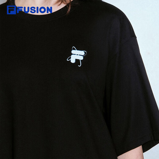 FILA FUSION斐乐潮牌情侣款针织短袖衫2025春新款凉感宽松纯棉T恤 正黑色-BK L