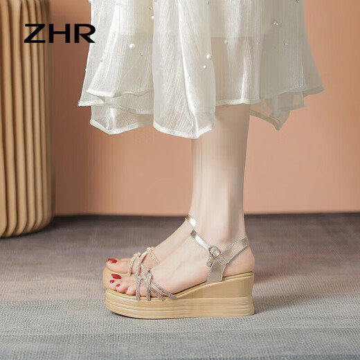 Sandales de coin zhr pour les femmes Summer Real Cow Hide Sole Sole pour femmes Chaussures à la mode à la ceinture mince et à talons hauts pour femmes AY92 Champagne 37