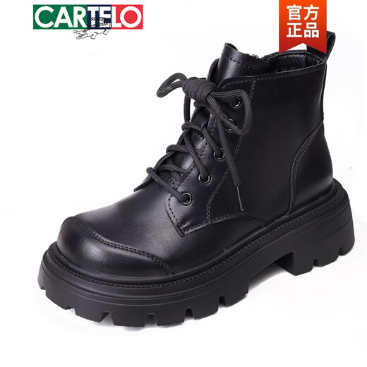CARTELO leather wool snow boots for women 2025 new winter thick sole small slim short boots plus velvet thickened Martin boots black [wool] 36
