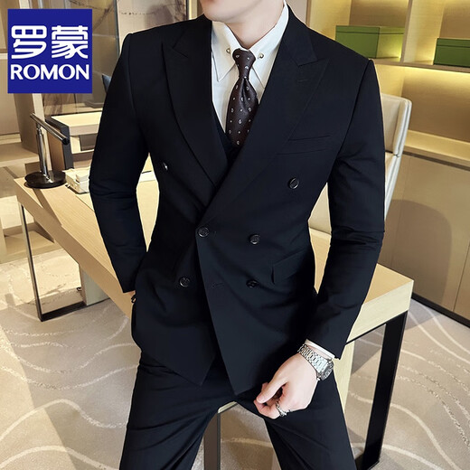 ROMON double-breasted gun lapel suit men's suit slim casual Korean style business formal men's wedding three-piece suit 338 black double-breasted suit + trousers XL
