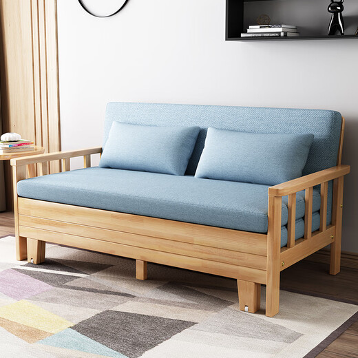 
Wooden Master simple solid wood sofa bed for small household apartment folding living room multi-function dual-purpose office balcony telescopic single bed with 1.5 m wide outer width, coconut brown cushion (please note the color of the cloth cover)