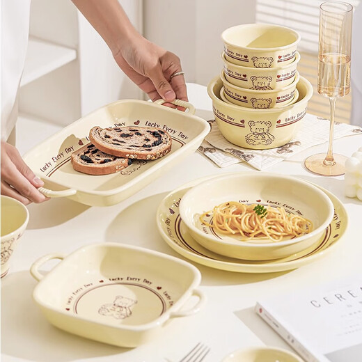 Persson cartoon cute 3-piece set of lucky bear ceramic tableware for home use for one person, underglaze color bowls and plates, complete set