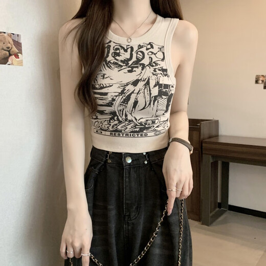 云大师美式辣妹复古工字针织吊带背心女夏遮副乳宽肩带无袖短款运动上衣 美式复古【杏色】 均码