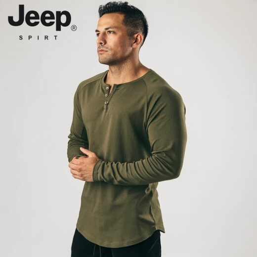 JEEP SPIRIT Retro Heavy Henley Long Sleeve T-Shirt Solid Color Sports Fitness Bottoming Shirt Men's Pure Cotton Stretch Thin V-Neck Cardigan Black L