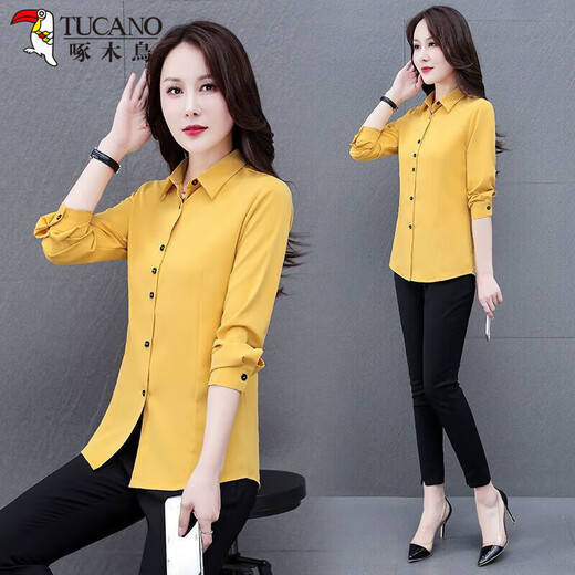 Woodpecker Shirt Women's Shirt 2022 Women's Comfortable and Versatile Casual Long Sleeve Mid-Length Outerwear Style Slim and Fashionable Rust Red 2XL Recommended 115-130 Jin Jin equals 0.5 kg