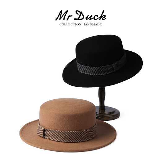 Mr DUCK Light Luxury Style Elegant Houndstooth Web Flat Top Hat Autumn and Winter High-end Wear Hepburn Fashionable Top Hat for Women MW216280-Medium Camel/Platinum Web (7cm) S (52-54CM Head Circumference)