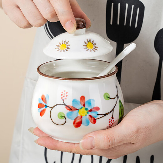 Huangsi ceramic seasoning jar combination household seasoning box kitchen storage seasoning utensils salt jar sugar jar chili jar seasoning jar ceramic seasoning jar with spoon (without tray)