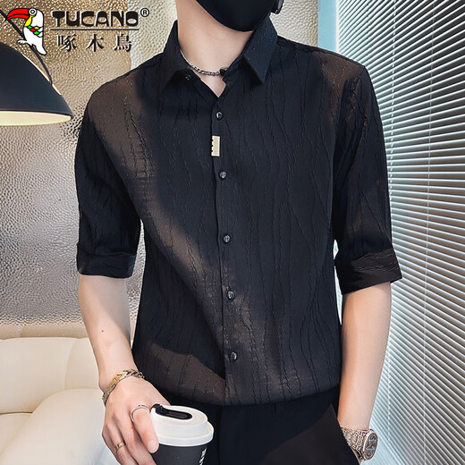 Specht (Tucano) Shirt Herren Frühling und Sommer dünne Fünf-Punkte-Hülle Casual Shirt Herren koreanischer Stil Trendy Jacke Herren Schwarz XL