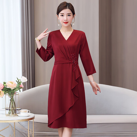 熙威尼2025V领婚礼妈妈婚宴礼服喜婆婆婚宴装小个子高端洋气年轻款 6197【红短袖】 2XL