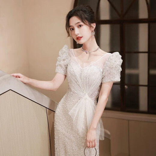 现宝莲鱼尾晚礼服裙女感亮片轻奢小众生日婚纱法式主持宴会气质 米灰色 XXXL
