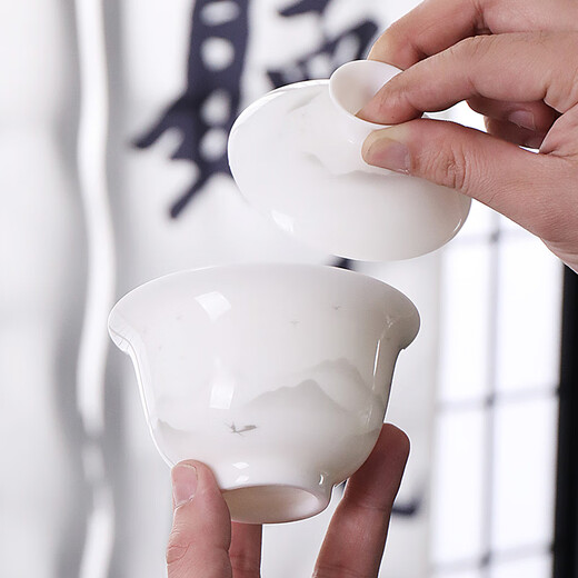 Artisan immortal mutton fat jade glazed white porcelain tea set Dehua ceramics home office Chinese style bowl kung fu tea set complete high-end Yuanshan Fuman set (ink gray) 1 piece