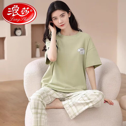 浪莎（LangSha）2025年睡衣女夏款纯棉短袖长裤卡通夏季可外穿全棉舒适家居服套装 YSH-679 M 【建议80-100斤穿】