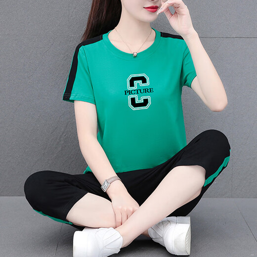 NY-EMMA sports suit for women short-sleeved summer thin high-end fashionable age-reducing cotton casual and fashionable running suit two-piece set 687 orange (crop pants set) 3XL (recommended 140-155 Jin [Jin equals 0.5 kg])