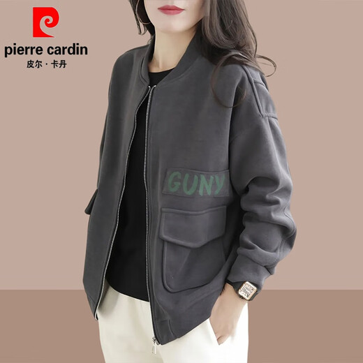 Pierre cardin cardigan sweater jacket ladies 2025 spring and autumn new fashionable age-reducing versatile baseball uniform fashion jacket top dark gray XL recommended 115Jin [Jin equals 0.5 kg]-130Jin [Jin equals 0.5 kg]