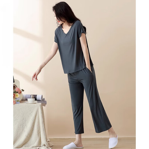 Modal Pajamas Summer Summer Pantalones cortos de manga corta Fina 2025 Conjunto de ropa casera nueva con almohadillas en el pecho para ropa exterior YM841 Gray 2xl