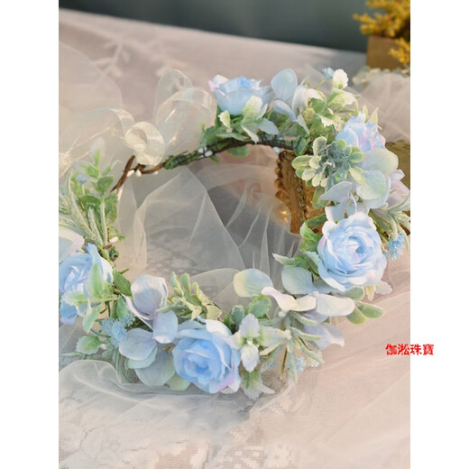 VAN CRUDE ANNORA garland headdress forest style handmade flowers fairy bridal headdress simulated blue garland photo studio travel shooting location bridesmaid green leaf pointed garland